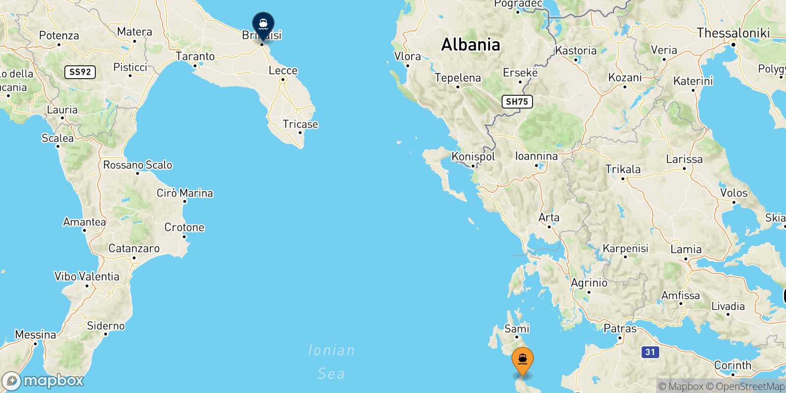 Mapa de la ruta Zakynthos Brindisi
