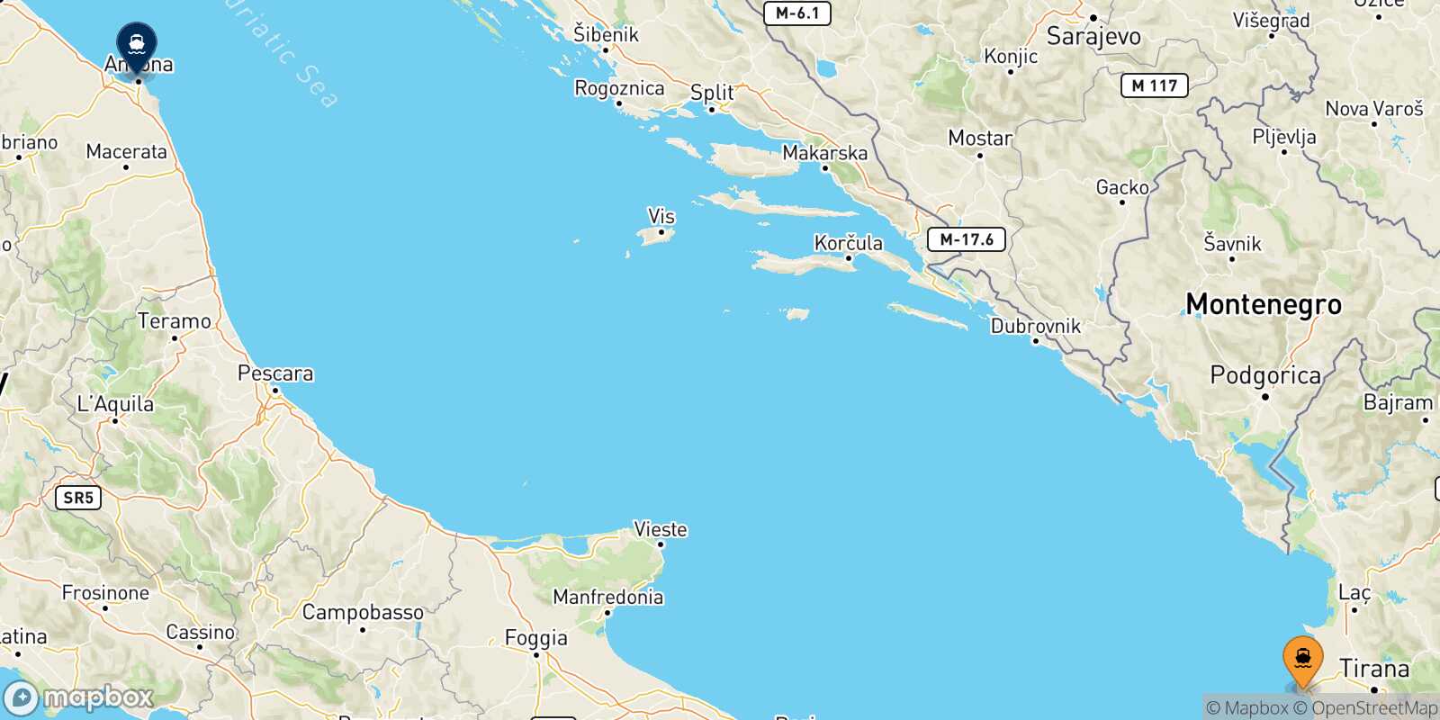 Mapa de la ruta Durres Ancona