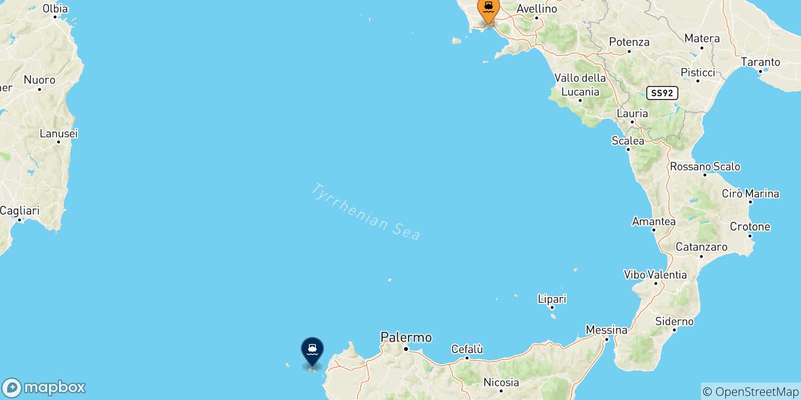 Mapa de las posibles rutas entre Nápoles Beverello y  Islas Egadas