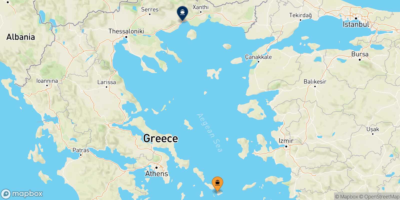 Mapa de la ruta Mykonos Kavala
