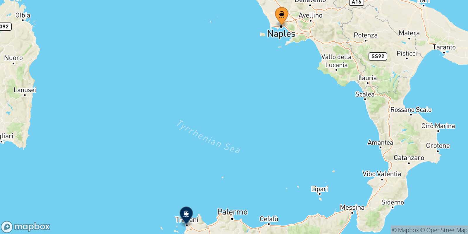 Mapa de la ruta Nápoles Beverello Trapani