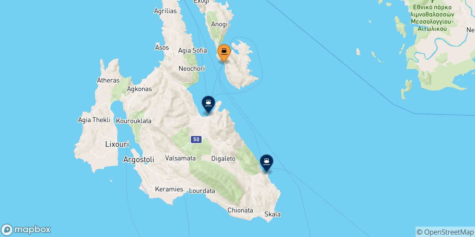 Mapa de las posibles rutas entre Pisaetos (Itaca) y  Islas Jonicas
