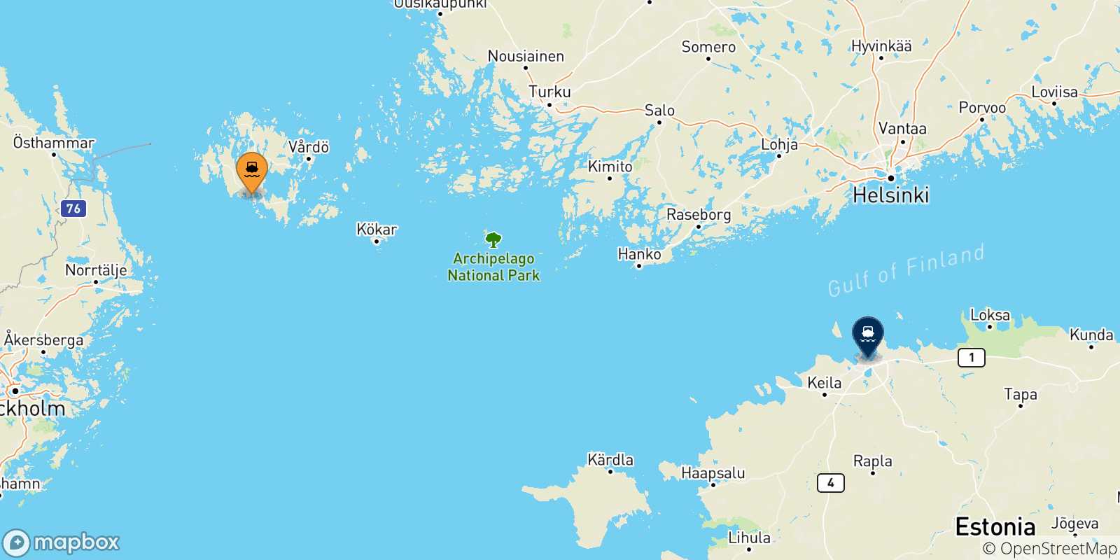Mapa de las posibles rutas entre Islas Aland y  Estonia