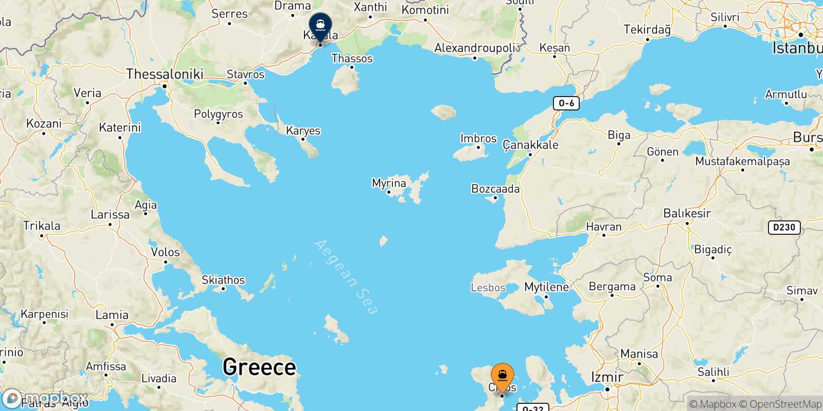 Mapa de la ruta Mesta Chios Kavala