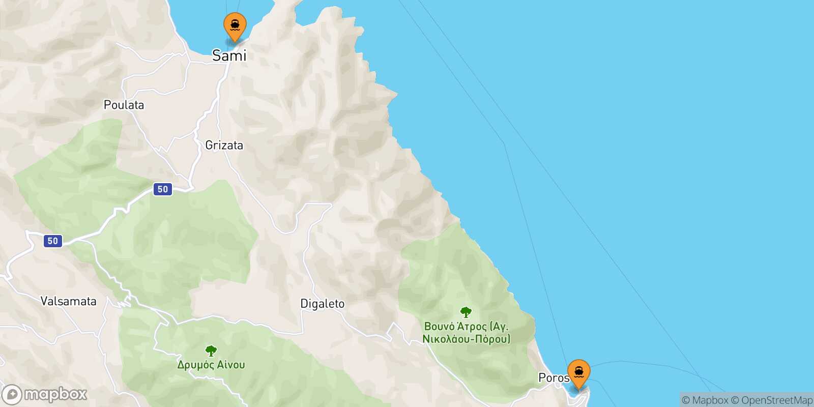 Mapa de los puertos conectados con  Pisaetos (Itaca)