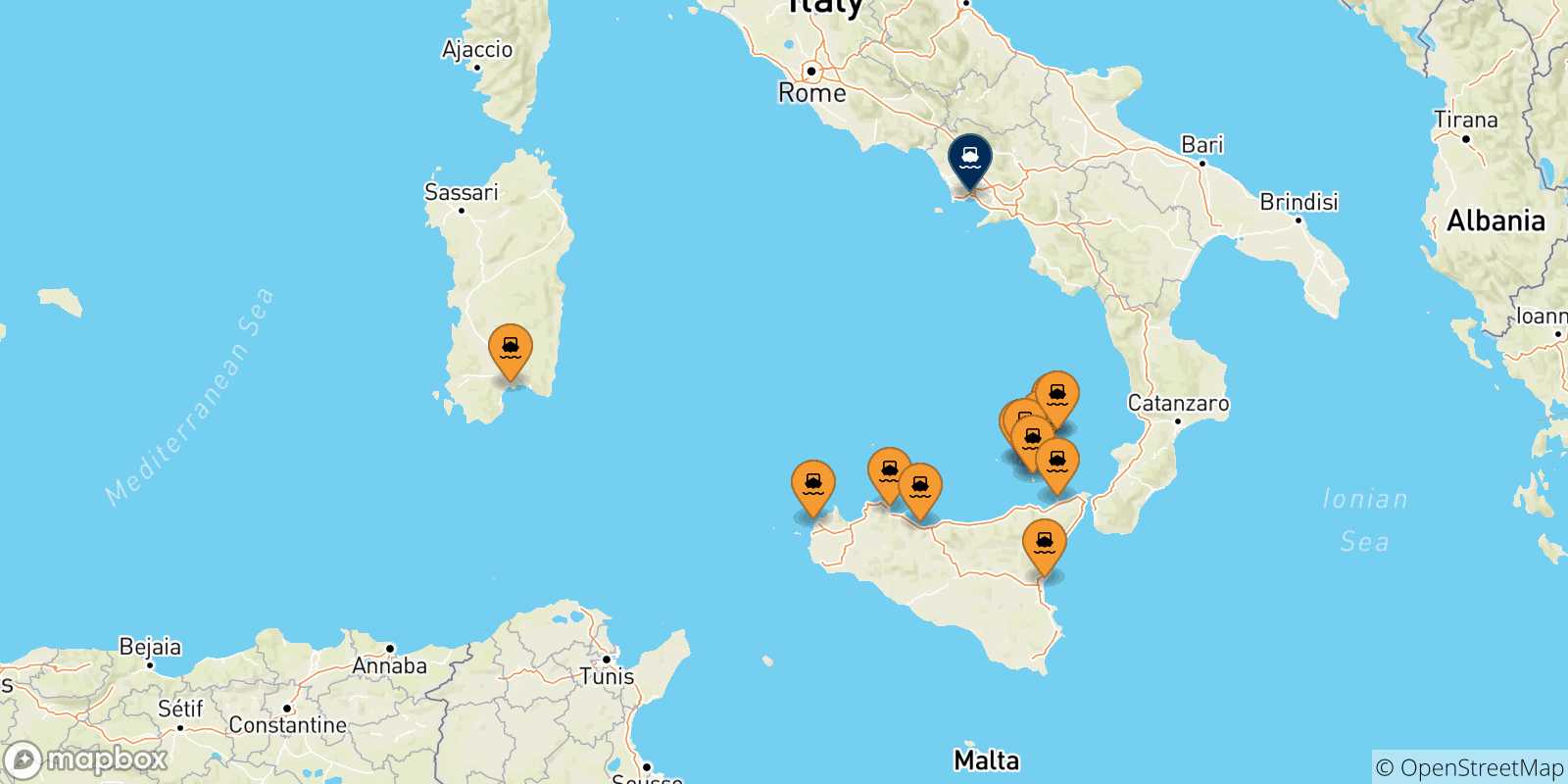 Mapa de las posibles rutas entre Italia y  Nápoles