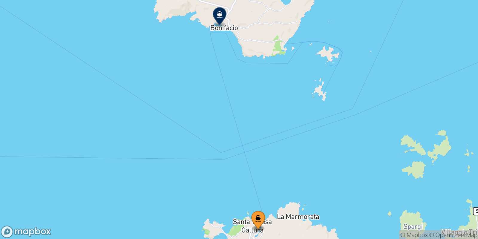 Mapa de los puertos conectados con  Bonifacio