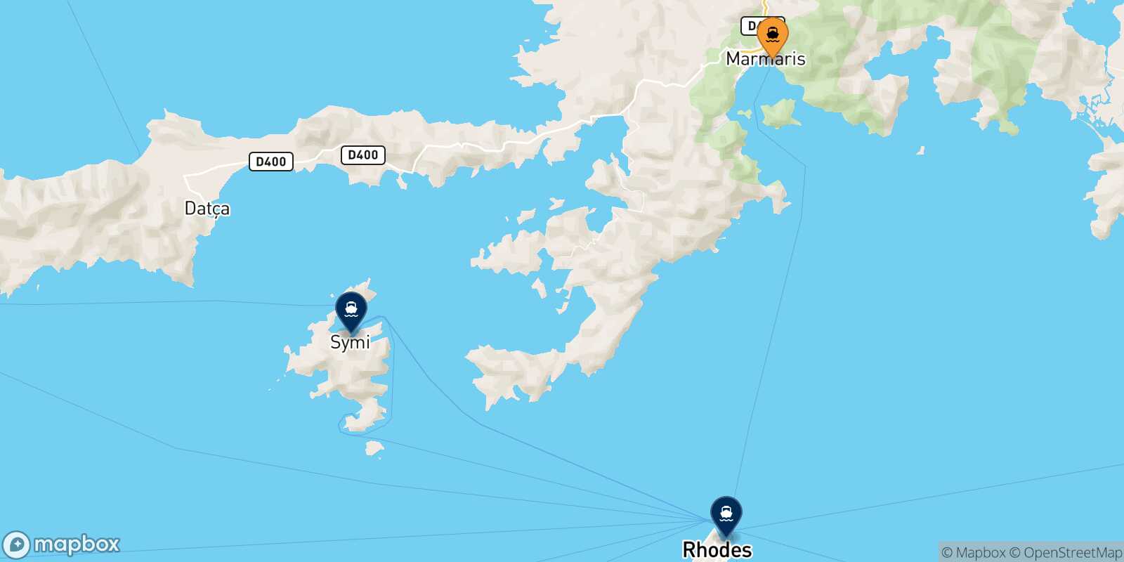 Mapa de los destinos alcanzables de Marmaris