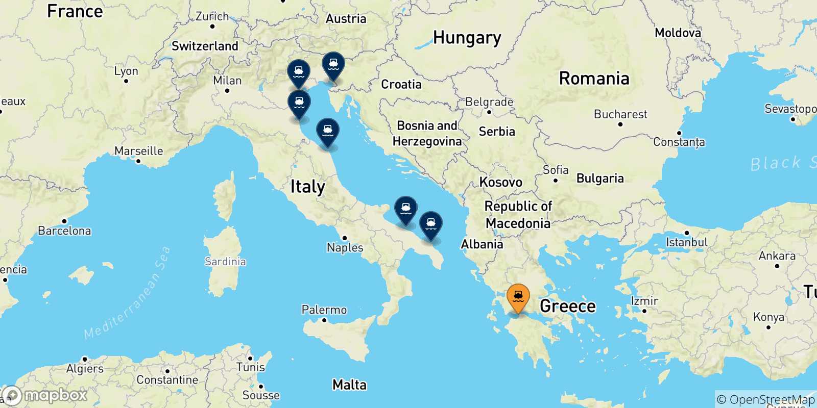 Mapa de las posibles rutas entre Patras y  Italia