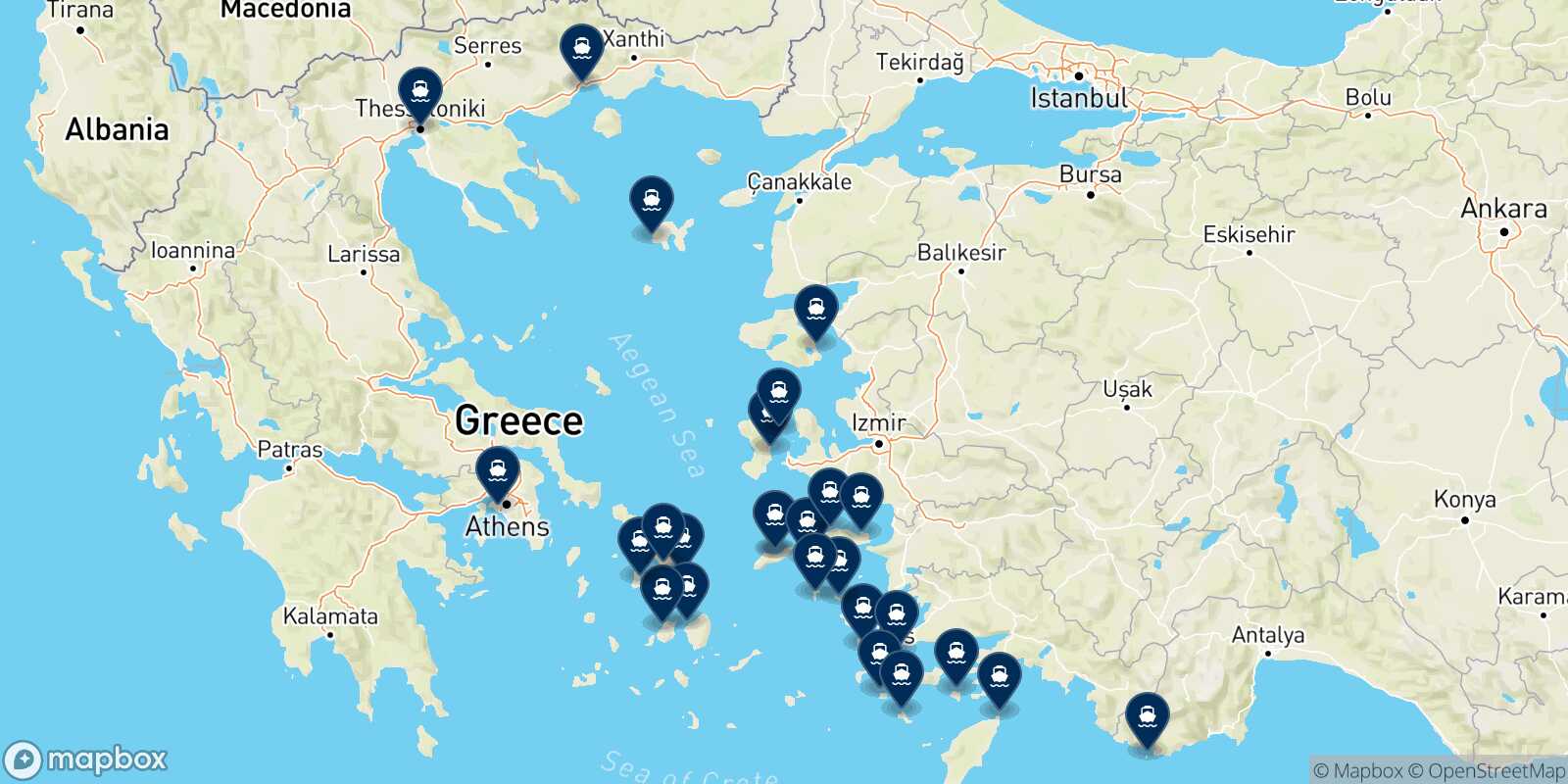 Mapa de los destinos alcanzables de Evdilos (Ikaria)