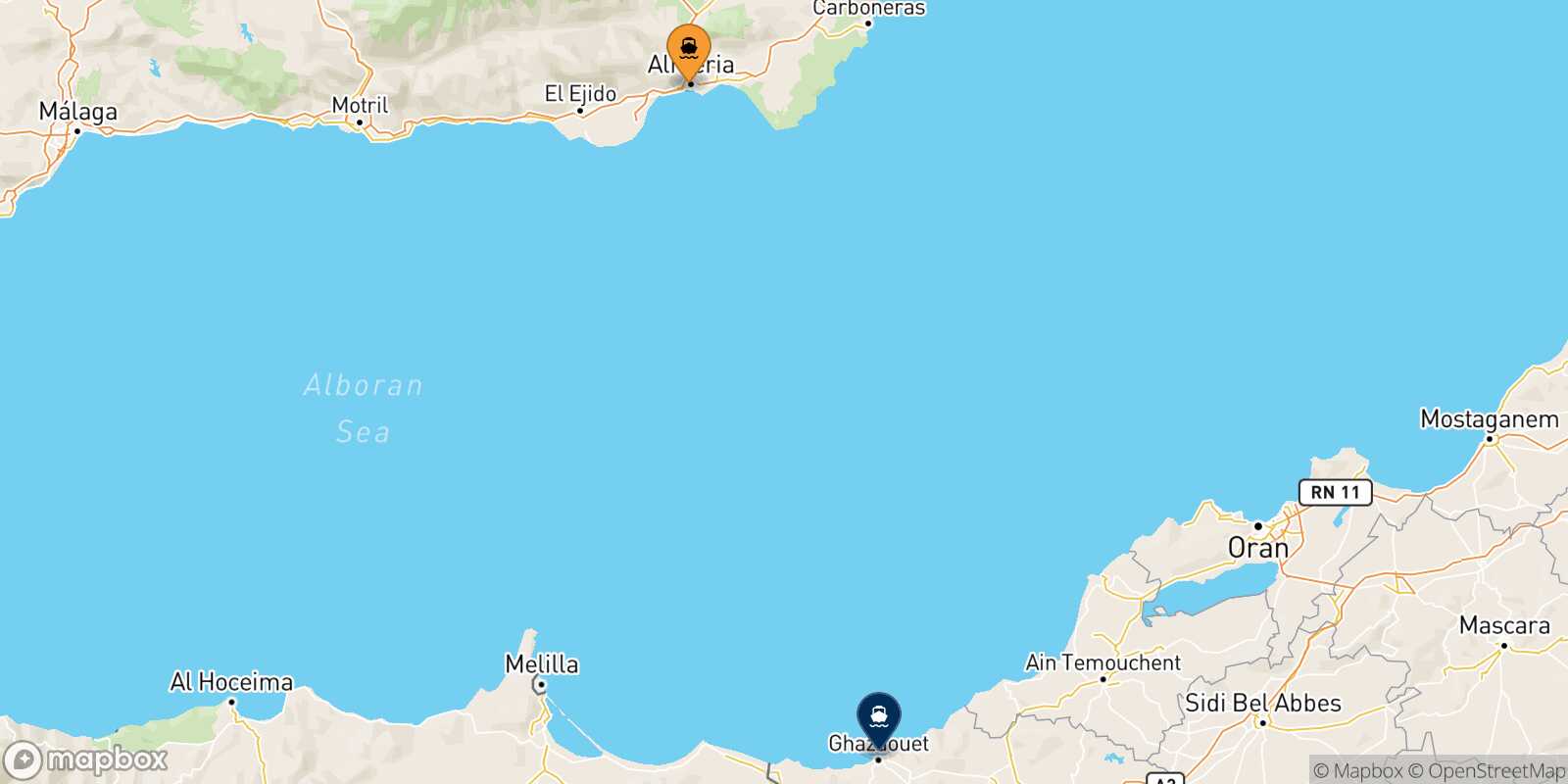 Mapa de los puertos conectados con  Ghazaouet