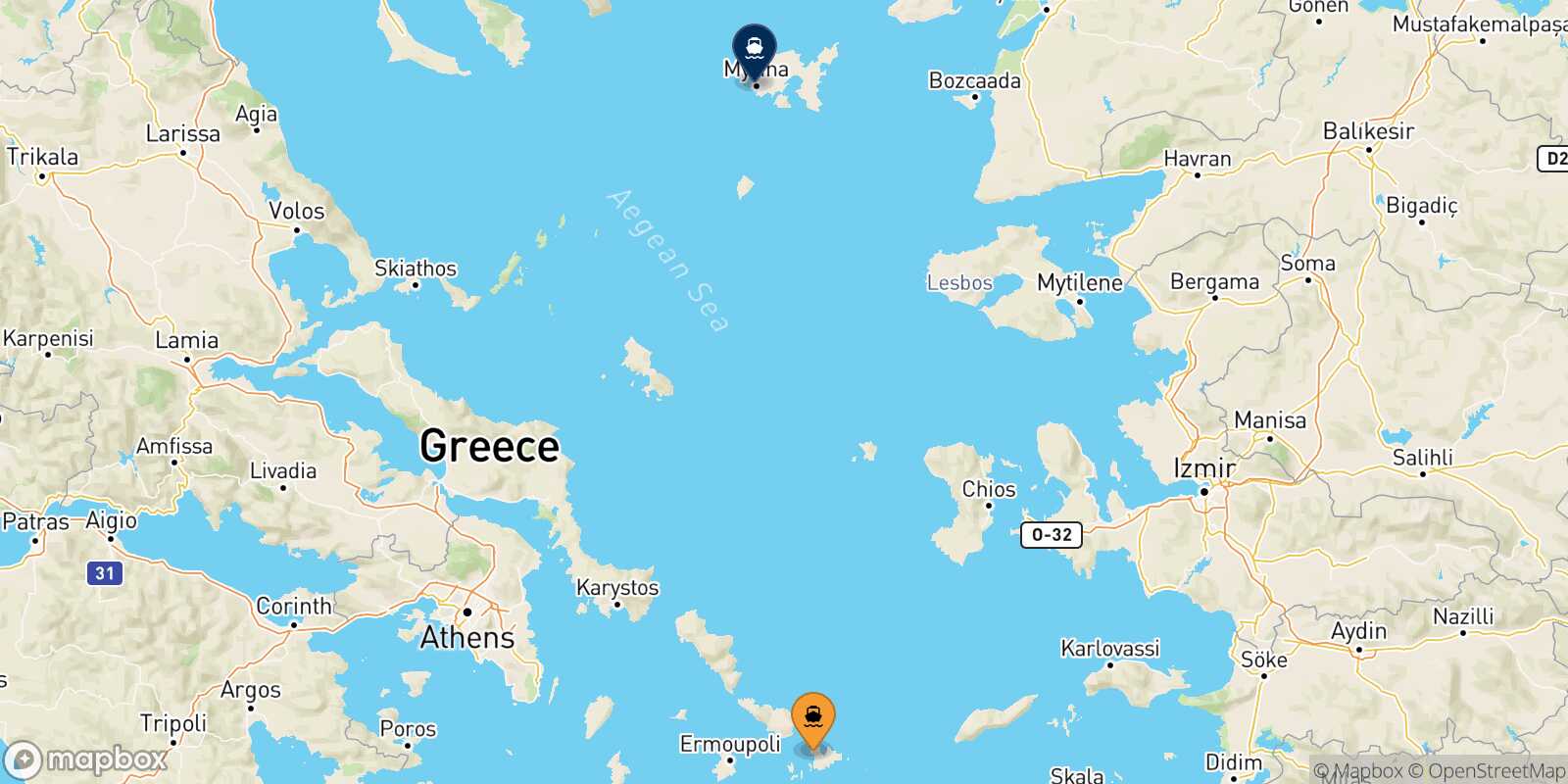 Mapa de la ruta Mykonos Mirina (Limnos)