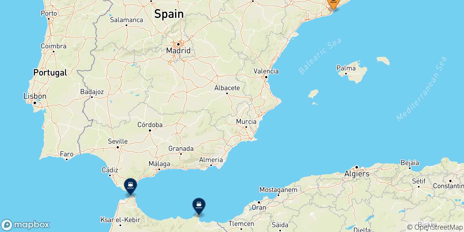 Mapa de las posibles rutas entre Barcelona y  Marruecos