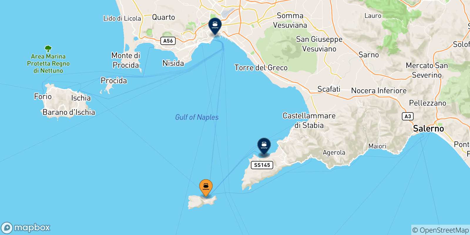 Mapa de las posibles rutas entre Capri y  Italia