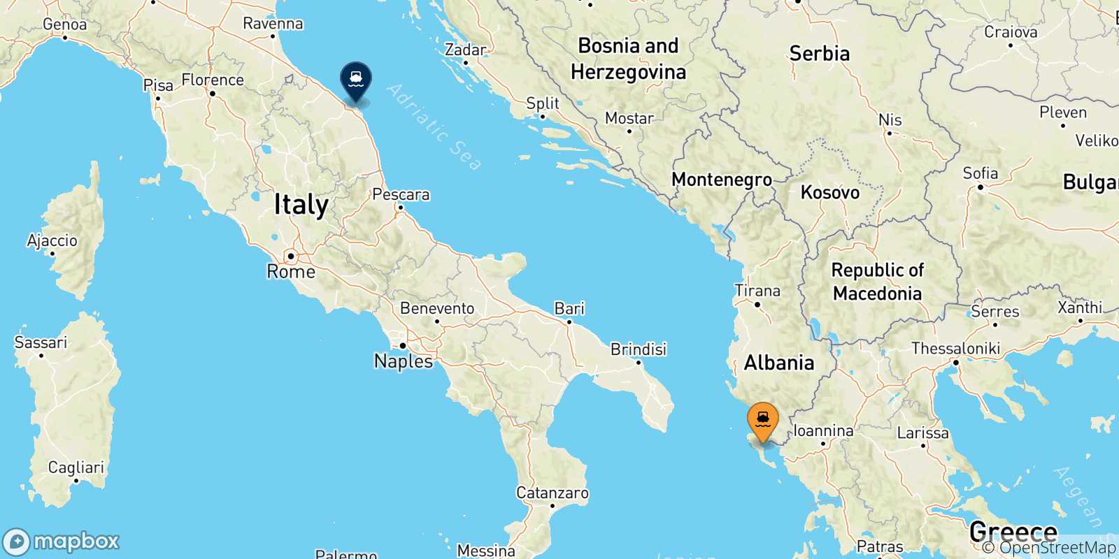 Mapa de las posibles rutas entre Islas Jonicas y  Ancona