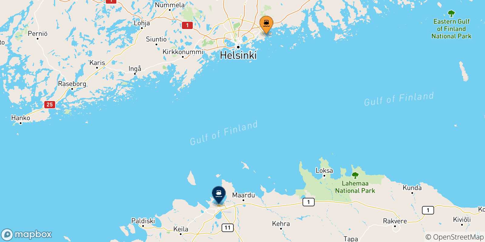 Mapa de las posibles rutas entre Helsinki y  Estonia