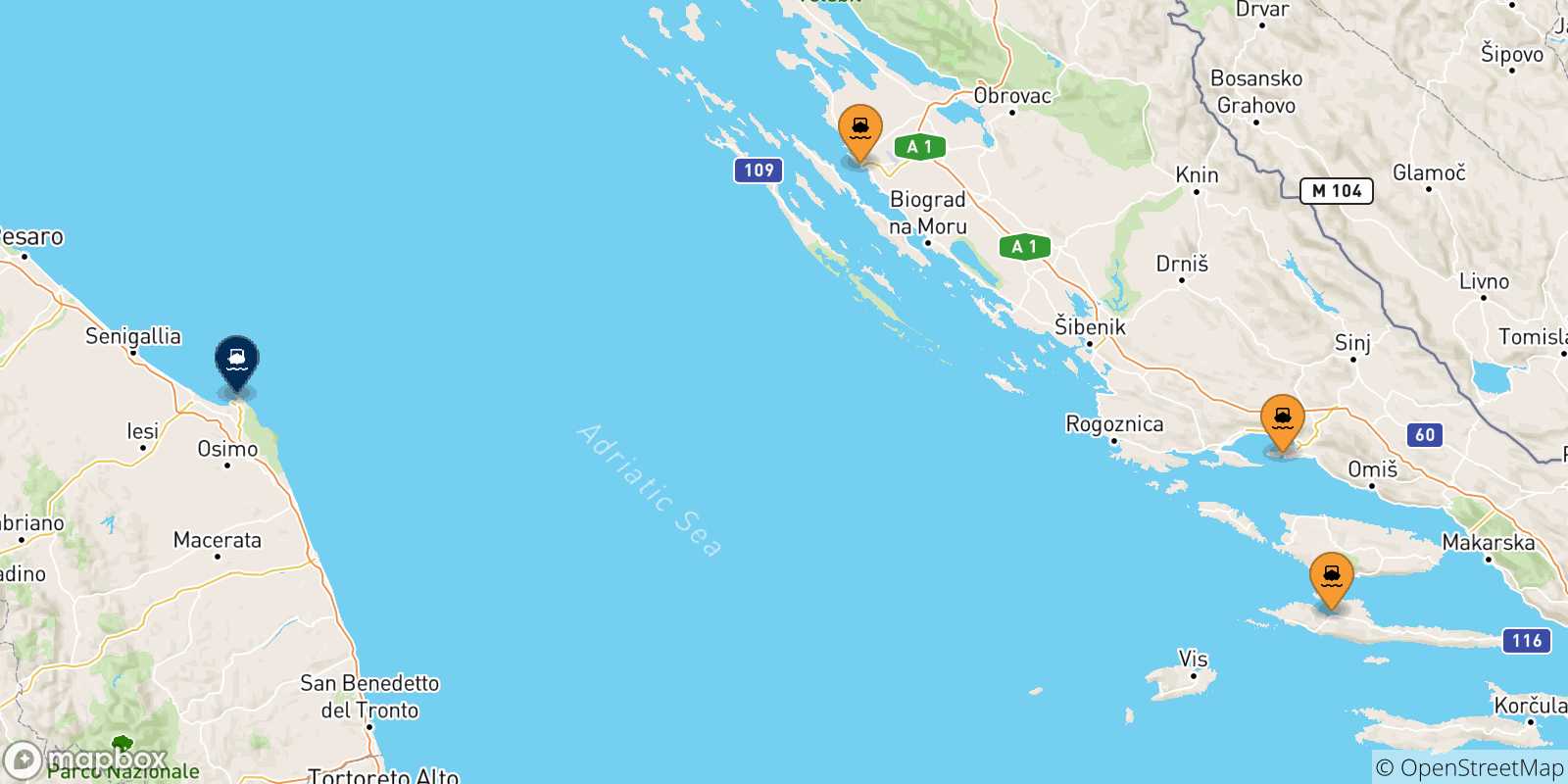 Mapa de las posibles rutas entre Croacia y  Ancona
