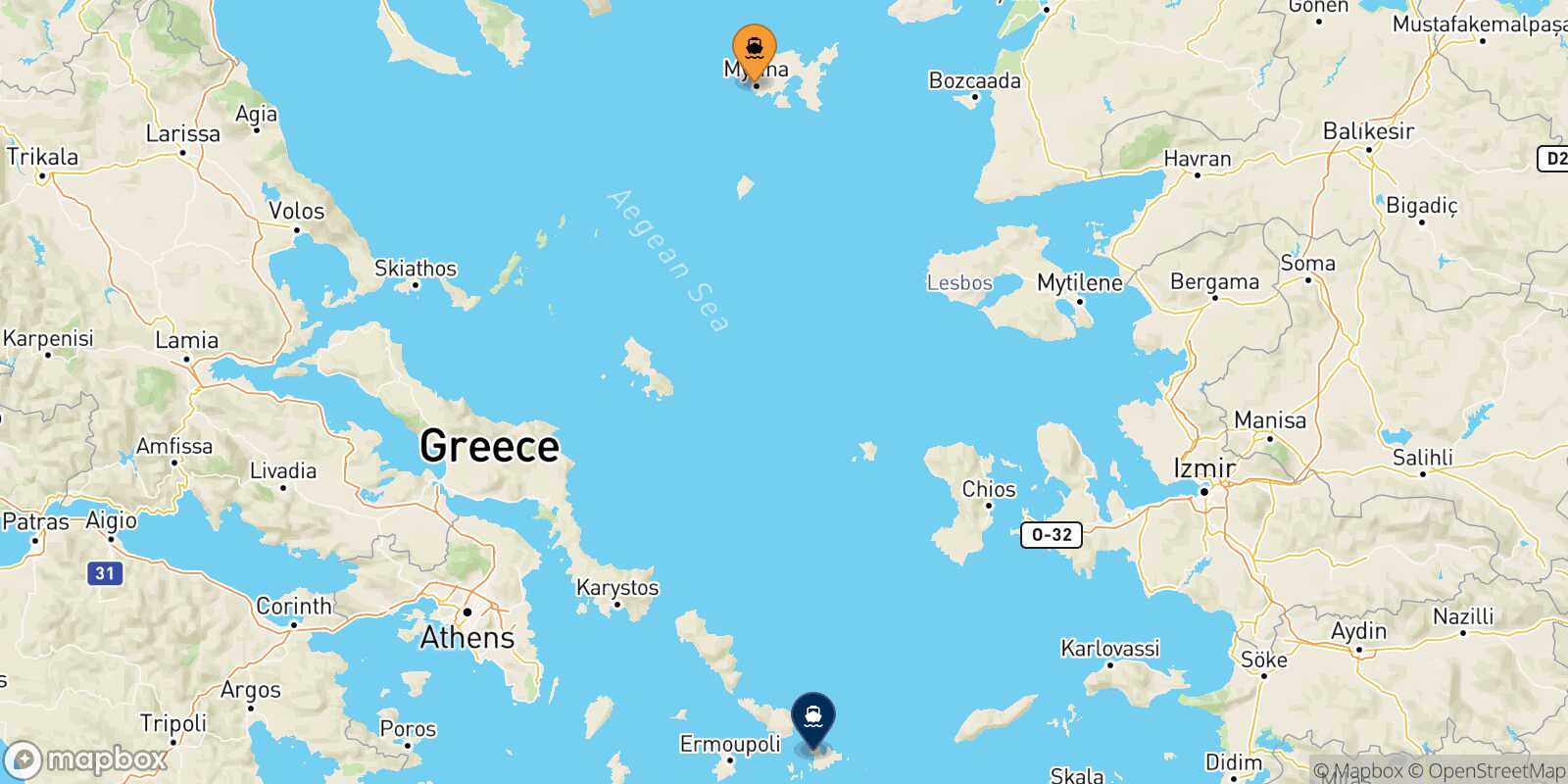 Mapa de la ruta Mirina (Limnos) Mykonos