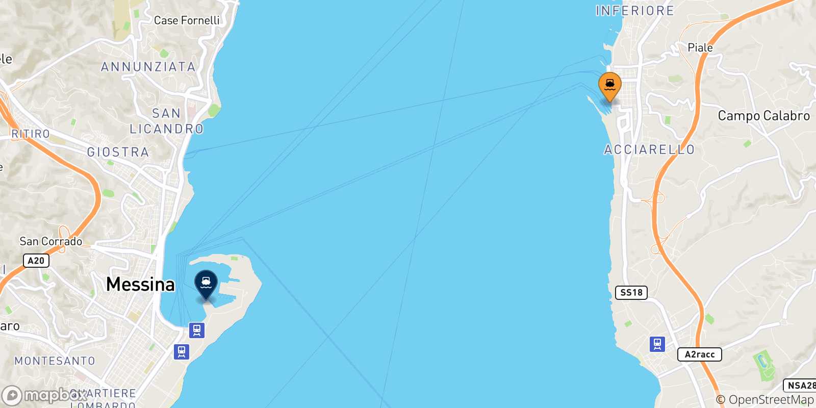 Mapa de las posibles rutas entre Reggio Calabria y  Sicilia