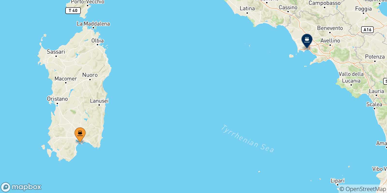 Mapa de las posibles rutas entre Cerdeña y  Nápoles