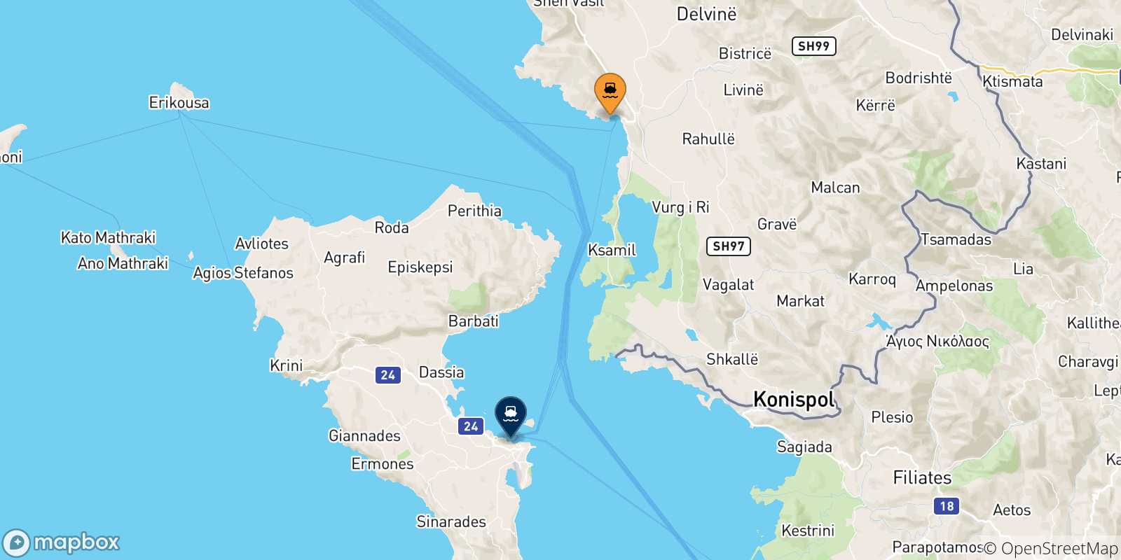 Mapa de las posibles rutas entre Albania y  Islas Jonicas